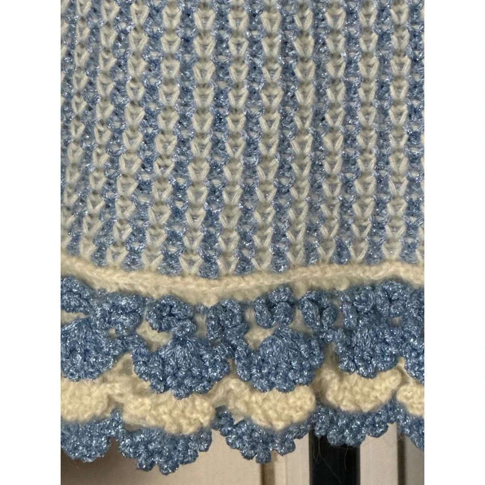 One Girl Who blue tweed cardigan mohair blend scallop metallic knit grandmacore